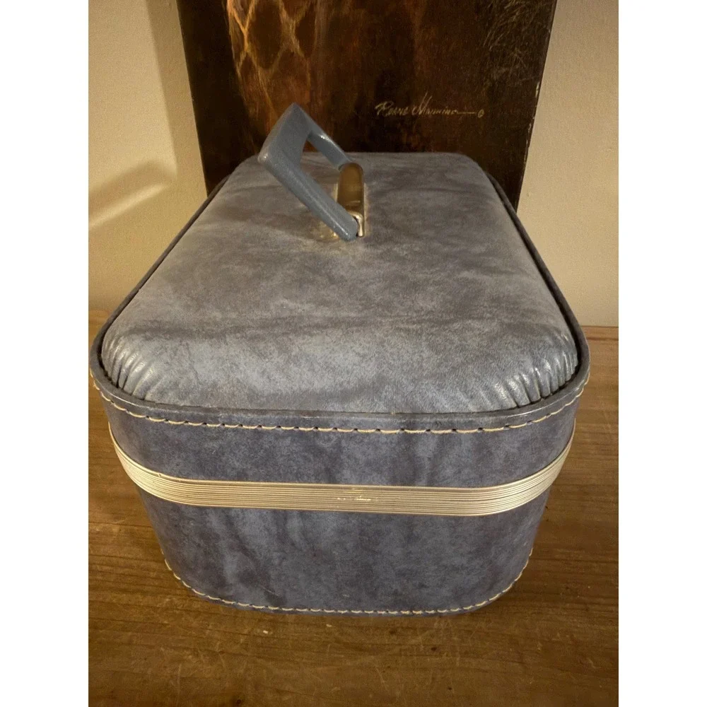 Vintage Blue Faux Leather Train Case Vanity Makeup‎ Travel Bag with Mirror